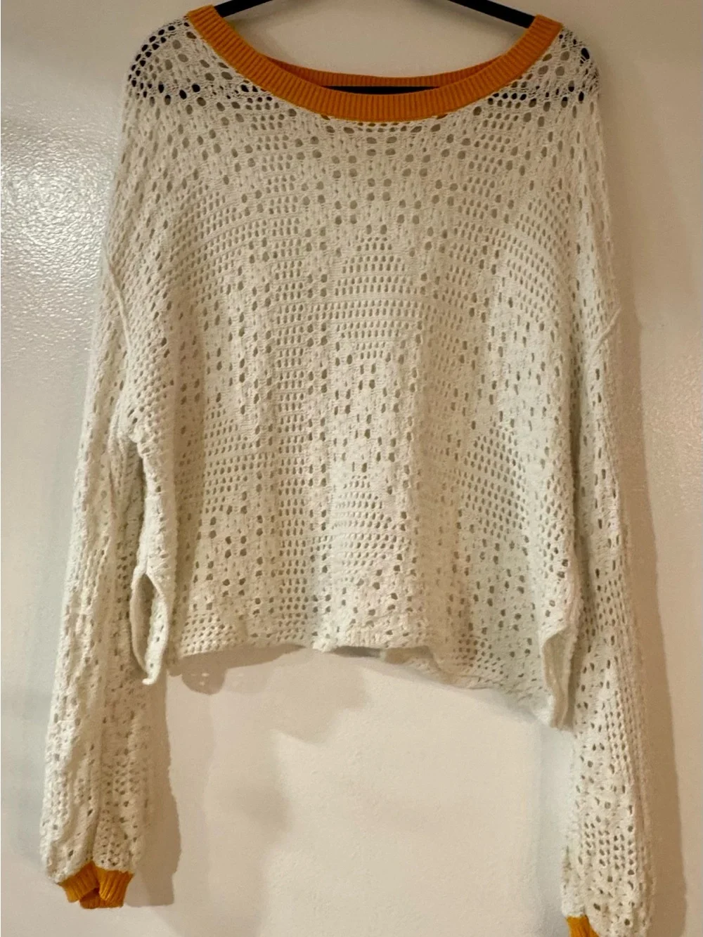 Free People White Open-Knit Sweater with Gold  Trim